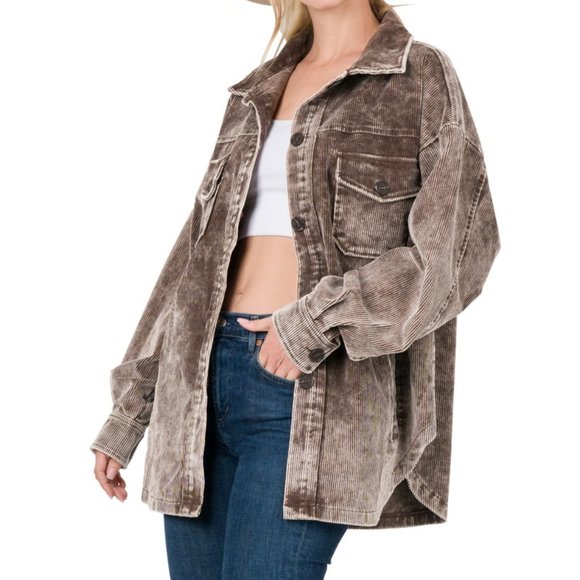 PREMIUM VINTAGE WASHED OVERSIZED CORDUROY SHACKET BROWN - Picture 3 of 3